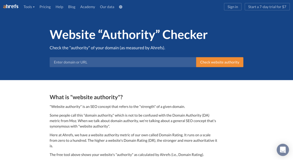 A screenshot of Ahrefs' Website Authority Checkeran in the digital pr blog by mediatoolkit