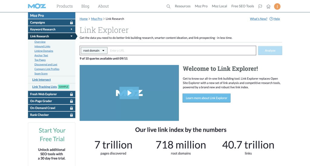 A screenshot of Moz's Link Explorer in the digital pr blog by mediatoolkit