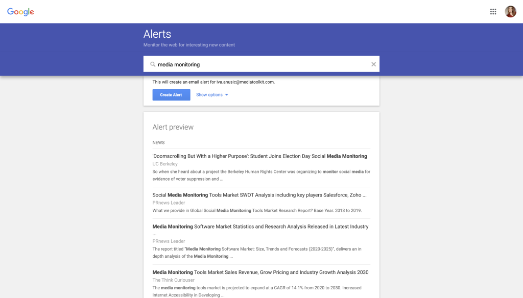 google alerts screenshot in mediatoolkit blog on brand reputation management