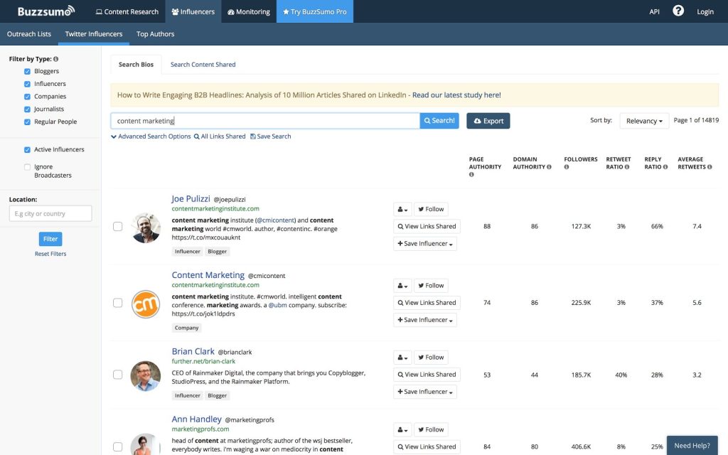 Buzzsumo to monitor online reputation and find influencers