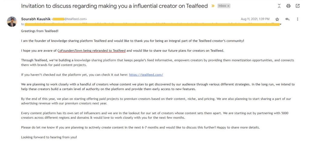 Tealfeed email example