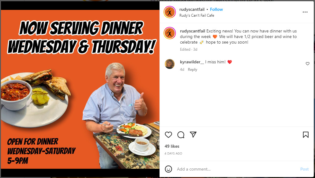 Rudy’s Can’t Fail Cafe Instagram Post
