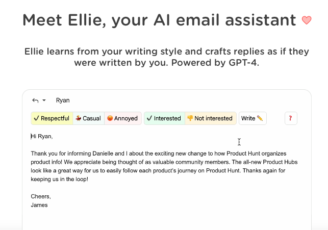 Ellie, AI tools for emails for PR