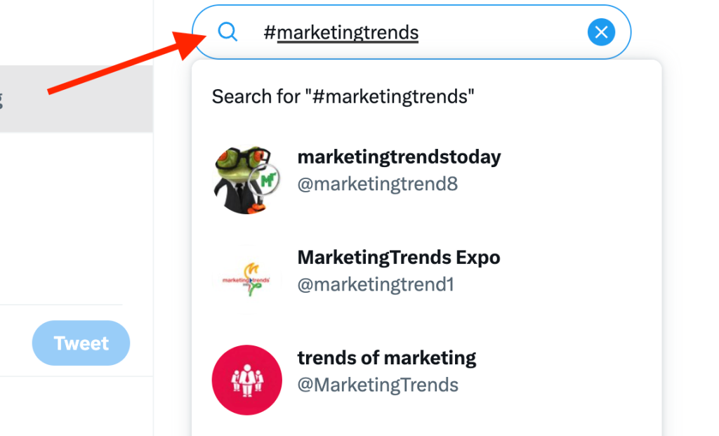 Twitter search with the hashtag #marketingtrends