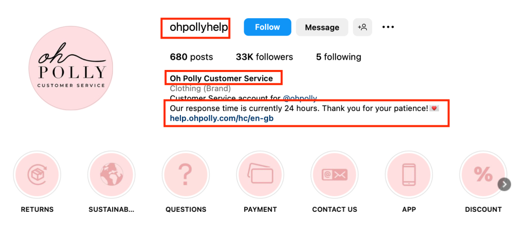 Oh Polly Customer Service Instagram Bio