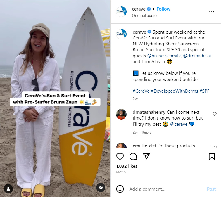 CeraVe Instagram post in collab with pro surfer Bruna Zaun