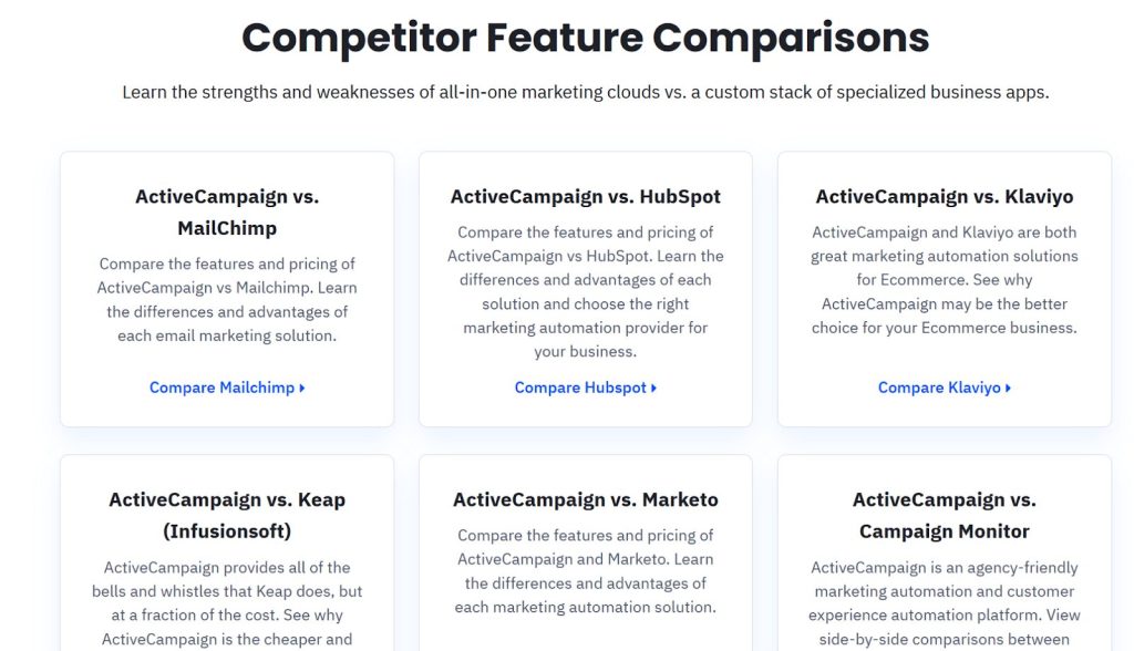 Activecampaign.com competitor feature comparisons