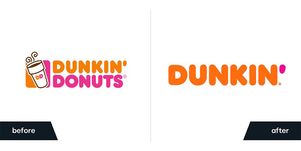 Before and After of Dunkin's rebrand and logo design
