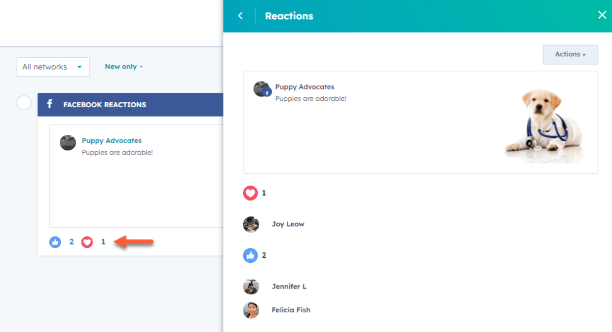 Hubspot tool screenshot, reactions window for social monitoring