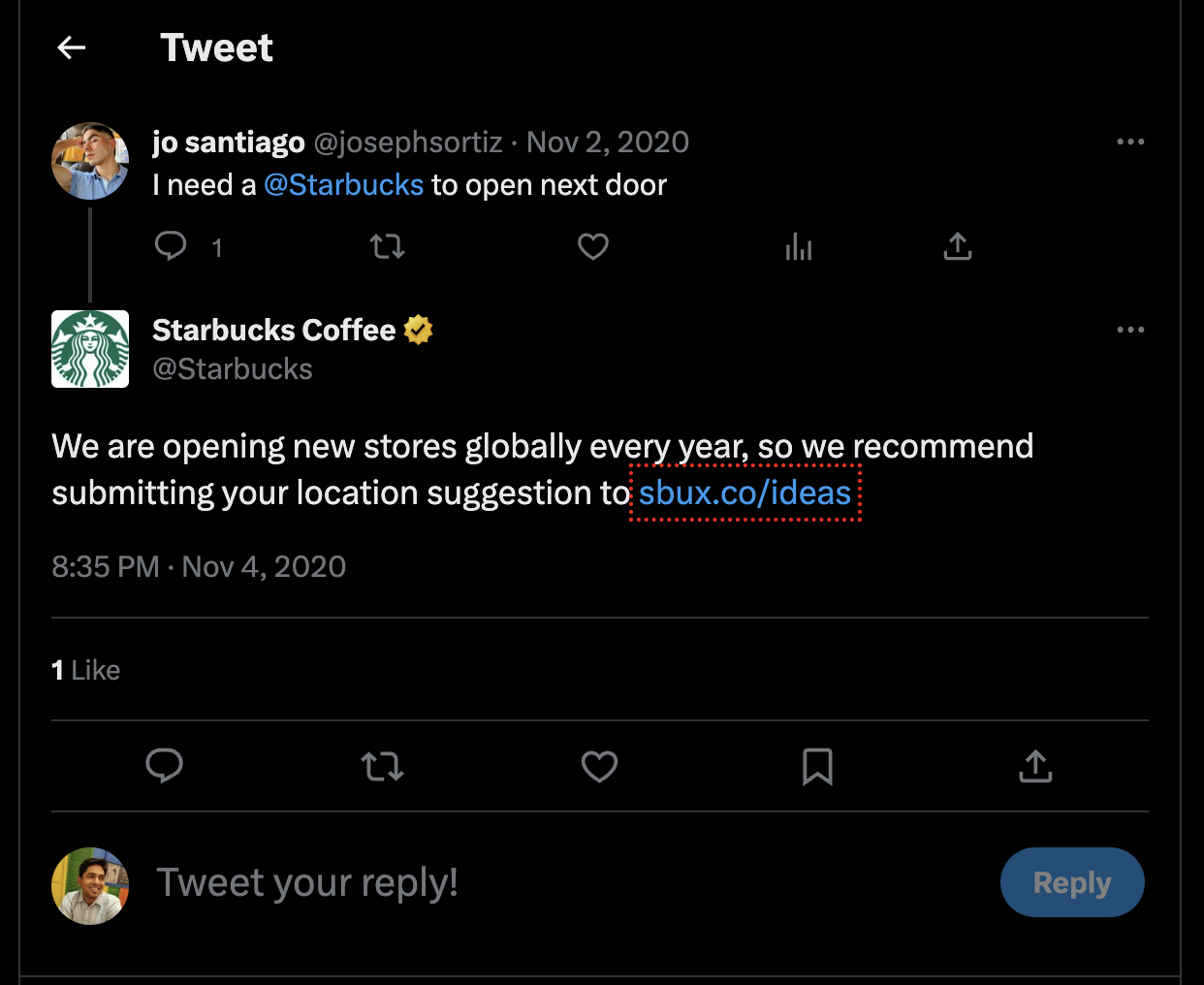 Starbucks Coffee tweet reply