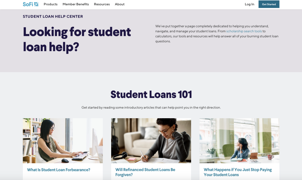 Pillar page for SoFi's student loan help center.