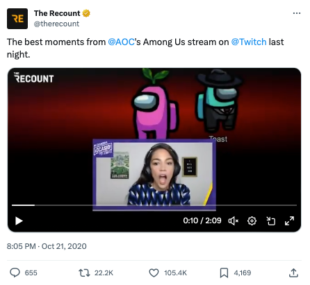 Example of political communication; AOC Streaming on Twitch X post
