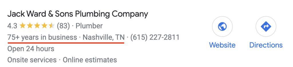 Example of Google Business profile for a plumber in Nashville in business for over 75 years