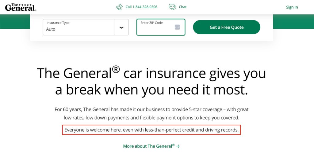 Screenshot of The General website for car insurance.
