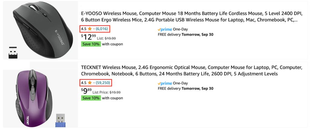 Screenshot of wireless mouse on Amazon with same rating but different number of reviews.