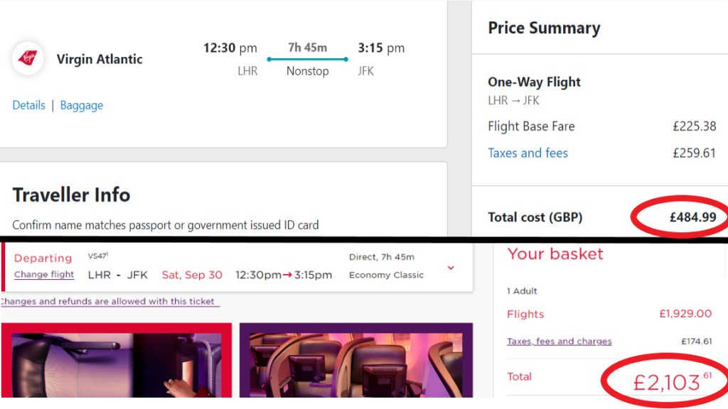Screenshots taken from airline companies showing the difference in the cost of the same flight when booked from different locations. One site sells for £484.99, the other sells the same flight for £2103.61.