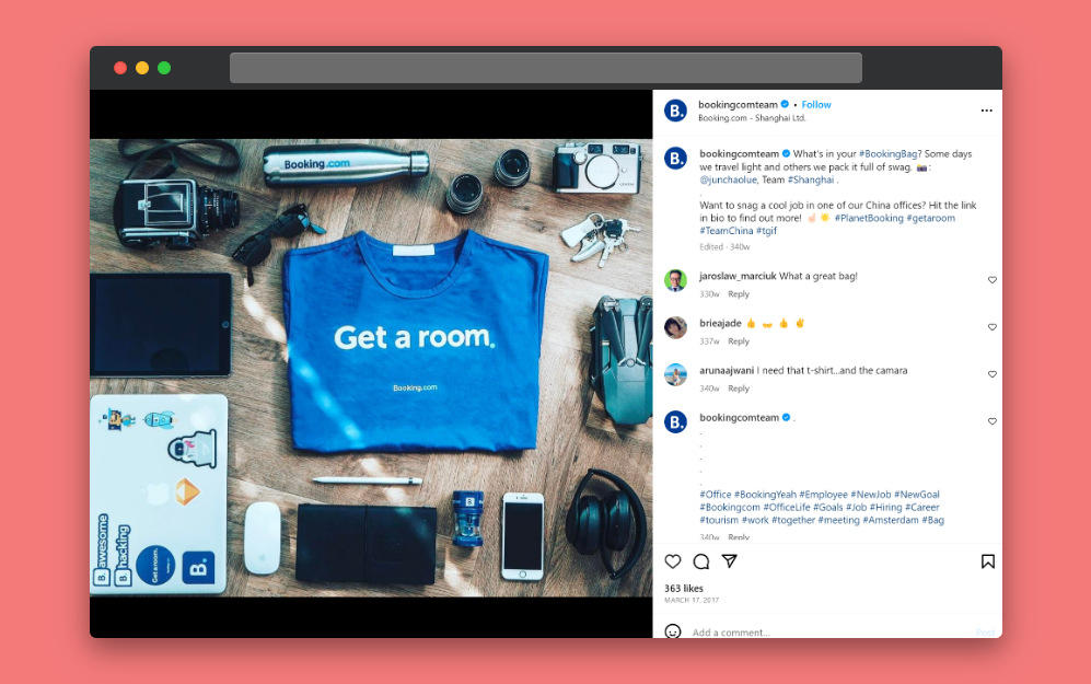 Booking.com’s Instagram post with swag