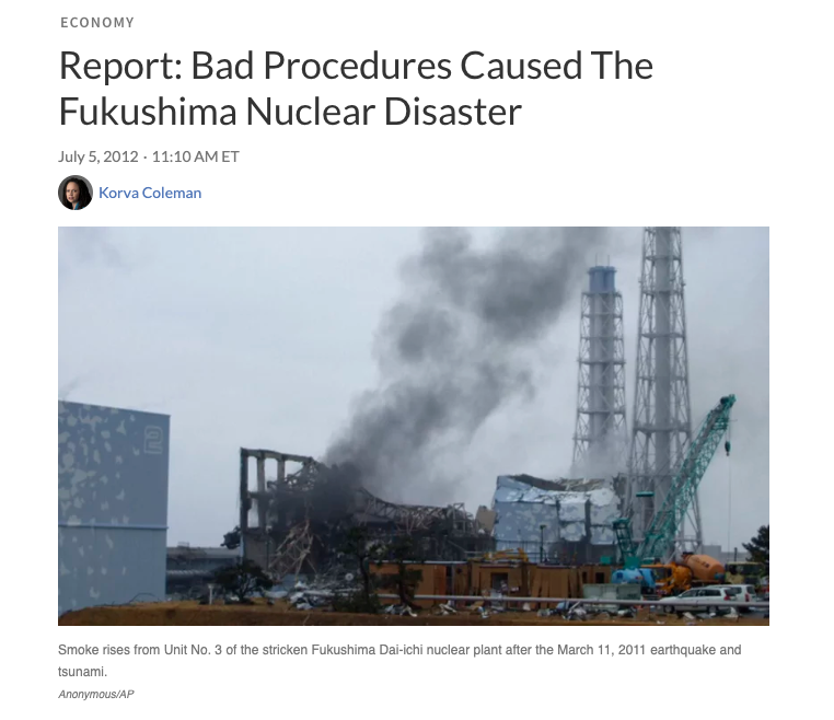 Political PR Example: Screenshot of NPR report showing image of Fukushima nuclear disaster