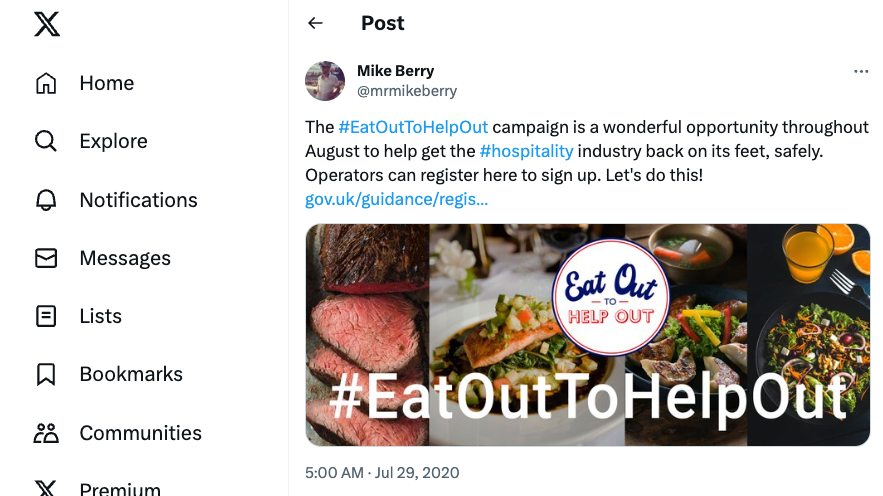 Screenshot of tweet about the Eat Out to Help Out campaign