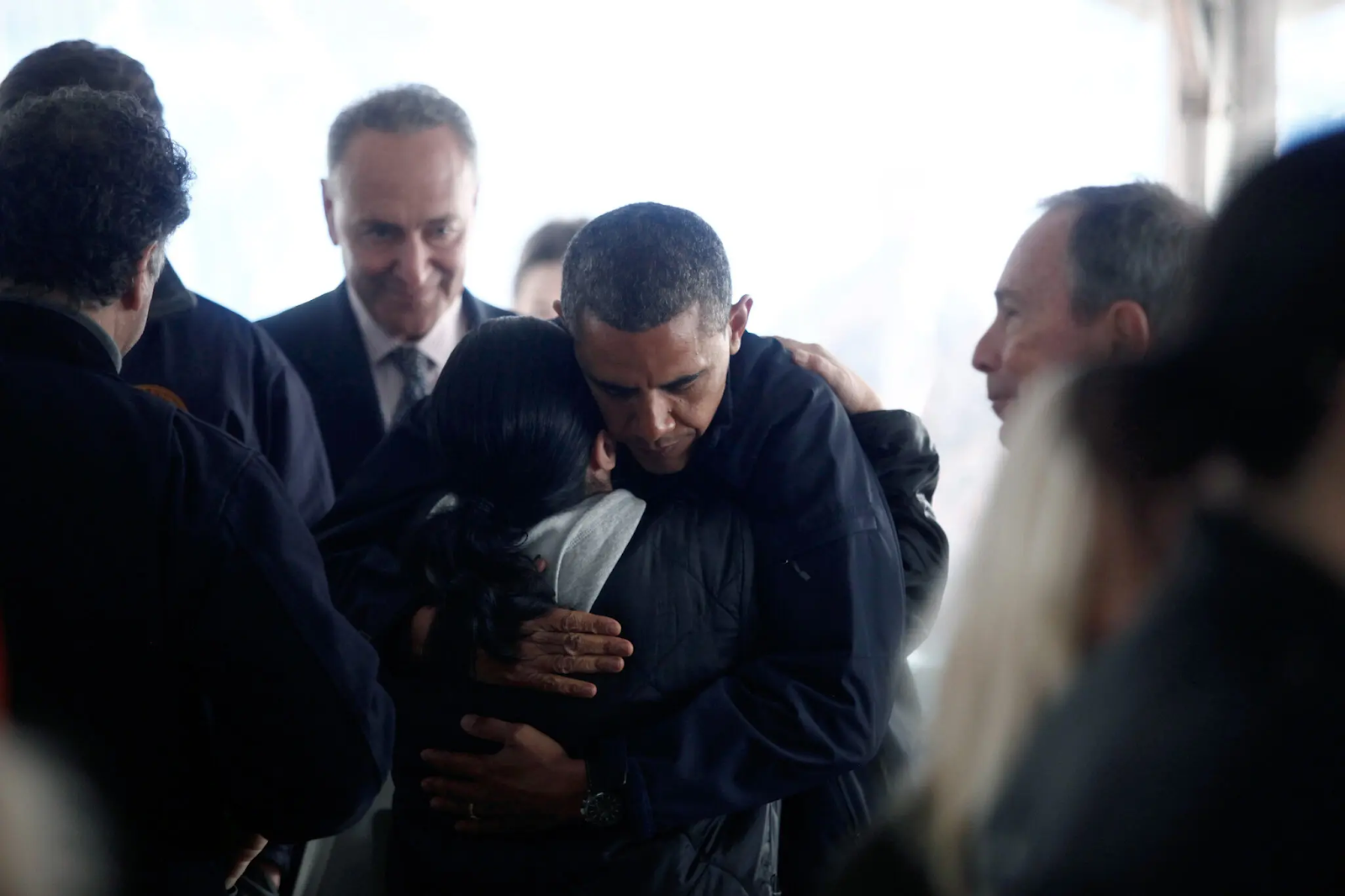 Political PR Example: President Barrack Obama hugging a citizen impacted by Hurricane Sandy. 