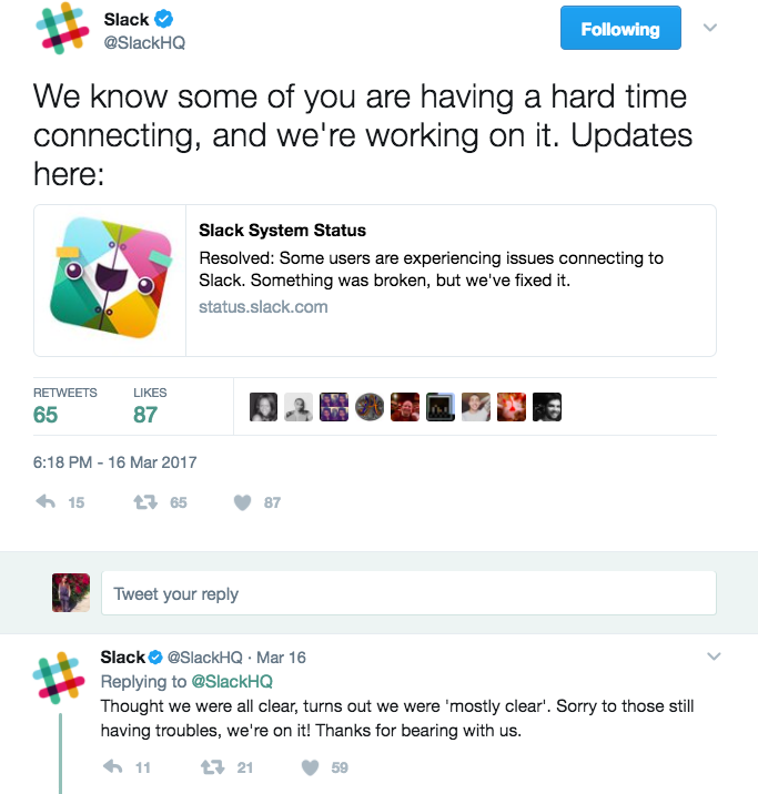Slack response on Twitter on down status