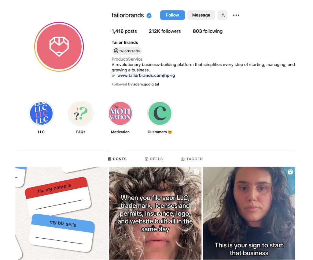 Screenshot of Tailor Brands Instagram brand reputation