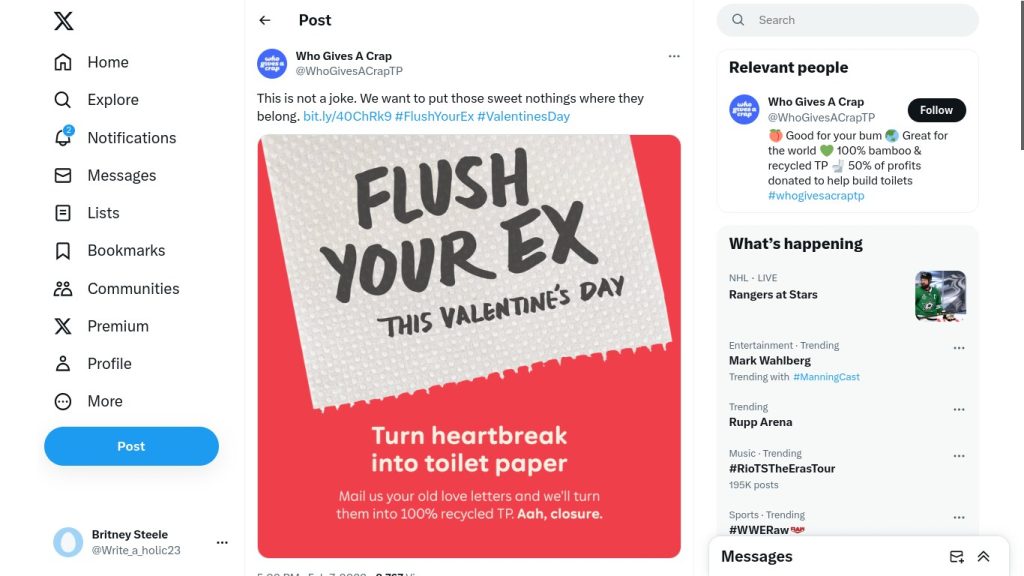 Screenshot of Who Gives a Crap Valentine's Day PR campaign Twitter post