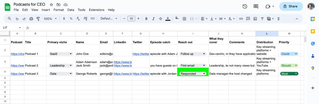 Example of a media list for PR in Google Sheets