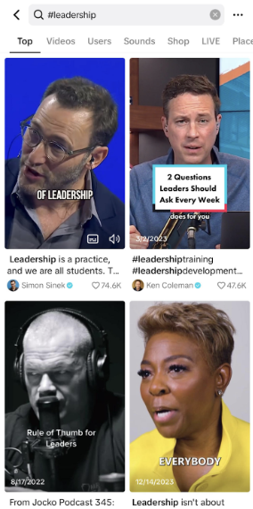 Screenshot of the TikTok search results for hashtag #leadership