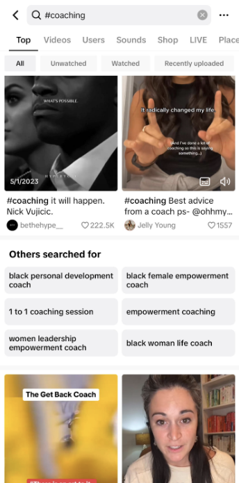 Screenshot of the TikTok search results for hashtag #coaching 