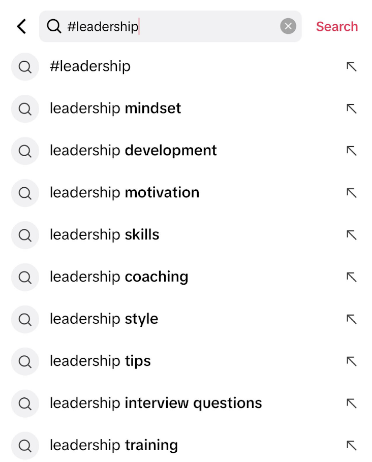 Screenshot of the hashtag #leadership in TikTok search bar