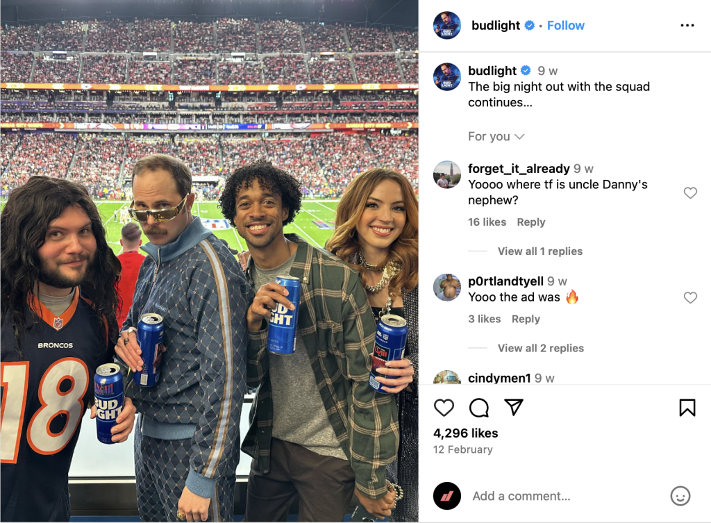 Screenshot of social media post showing fans at a football game and drinking Bud Light