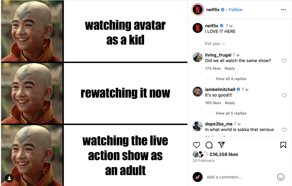Screenshot of Netflix social media post showing funny Avatar meme