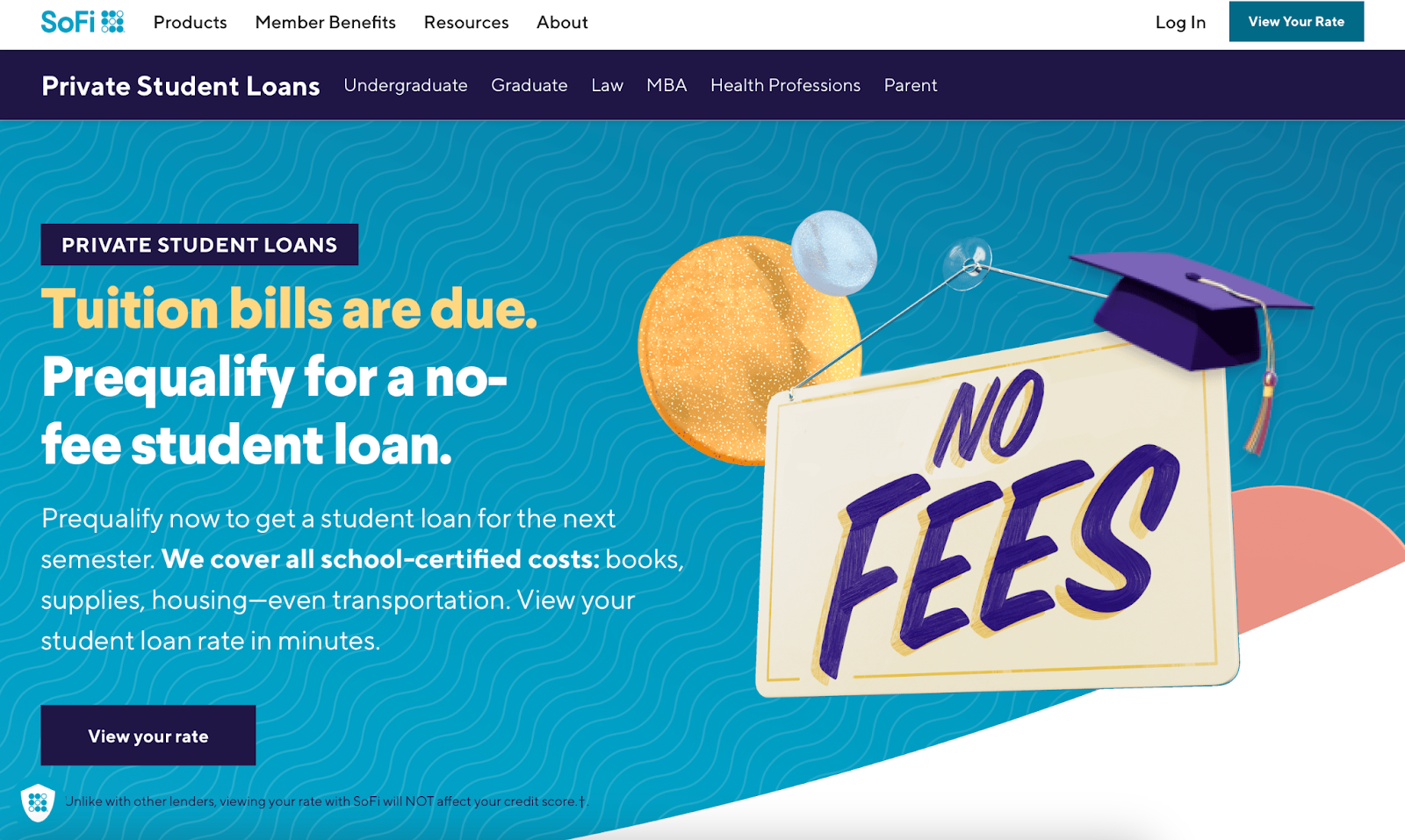 Screenshot of SoFi private sudent loans landing page