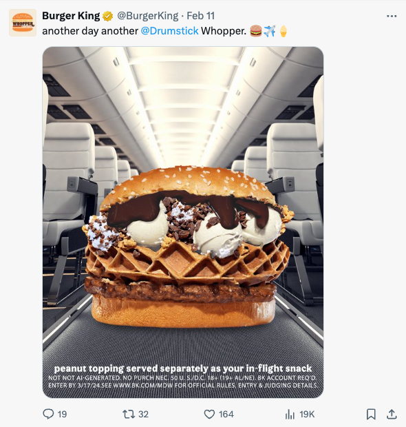 Screenshot of Burger King social media post showing Whopper with Drumstick ice cream ingredients