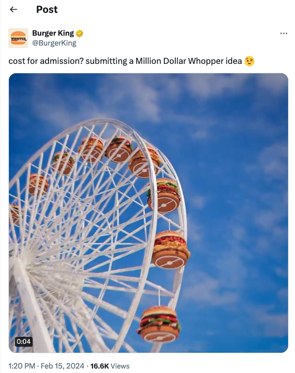 Screenshot of Burger King social media post showing Whopper on a ferris wheel