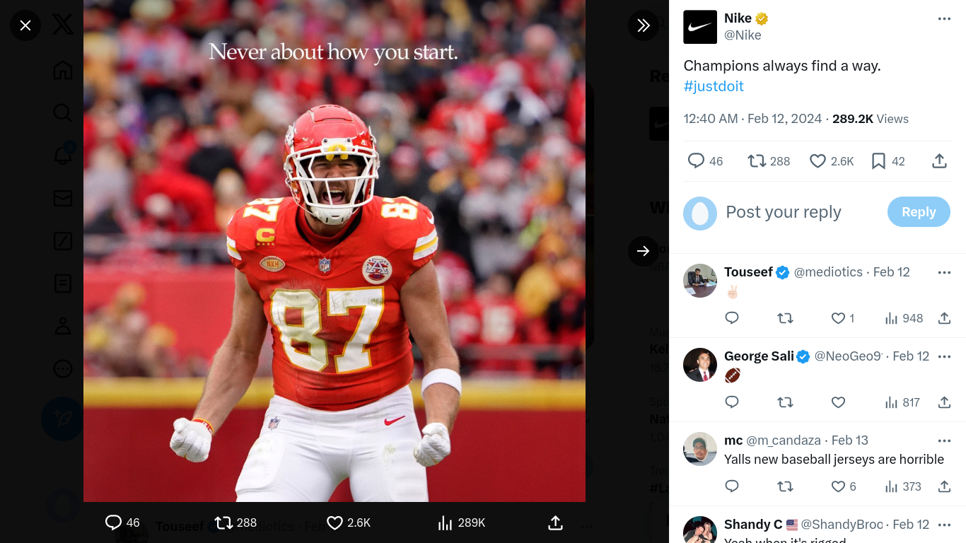 Screenshot of Nike social media post celebrating the Kansas City Chiefs Superbowl win