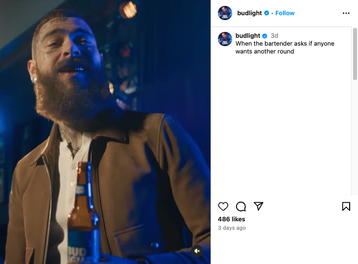 Screenshot of Bud Light social media post endorsing Post Malone
