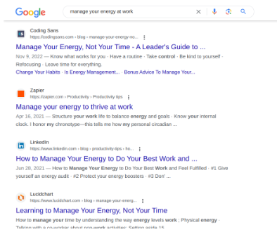 Screenshot of Google search results for the keyword manage your energy at work