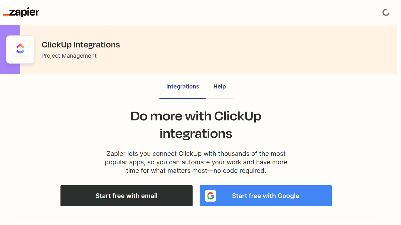 Screenshot of Zapier landing page for Zapier ClickUp integration