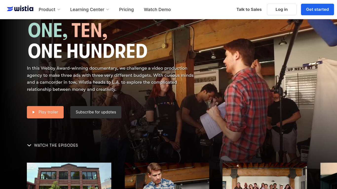 Screenshot of landing page for Wistia's One,Ten, One Hundred documentary